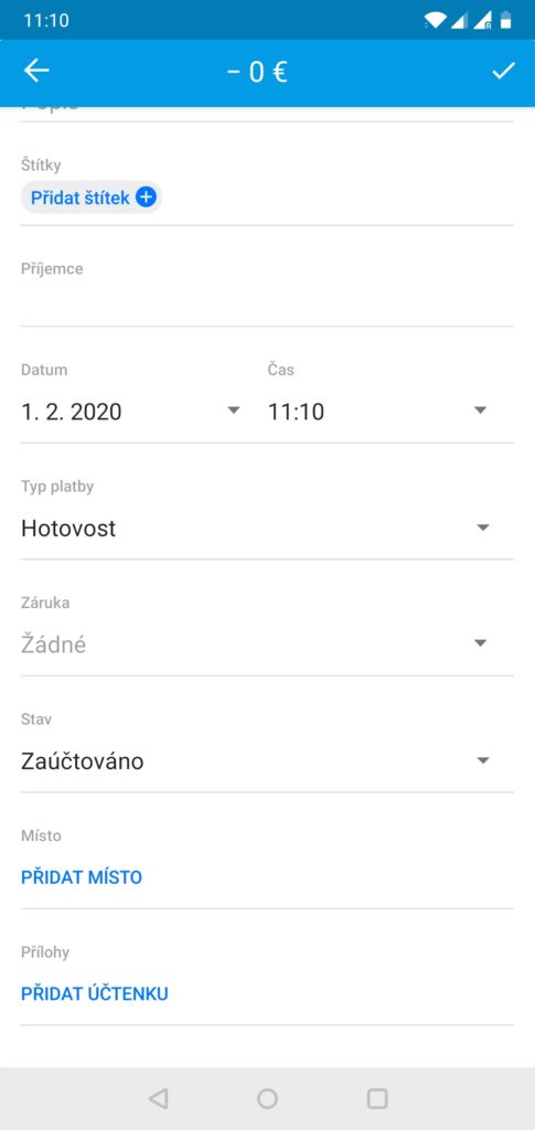 wallet nový záznam detaily