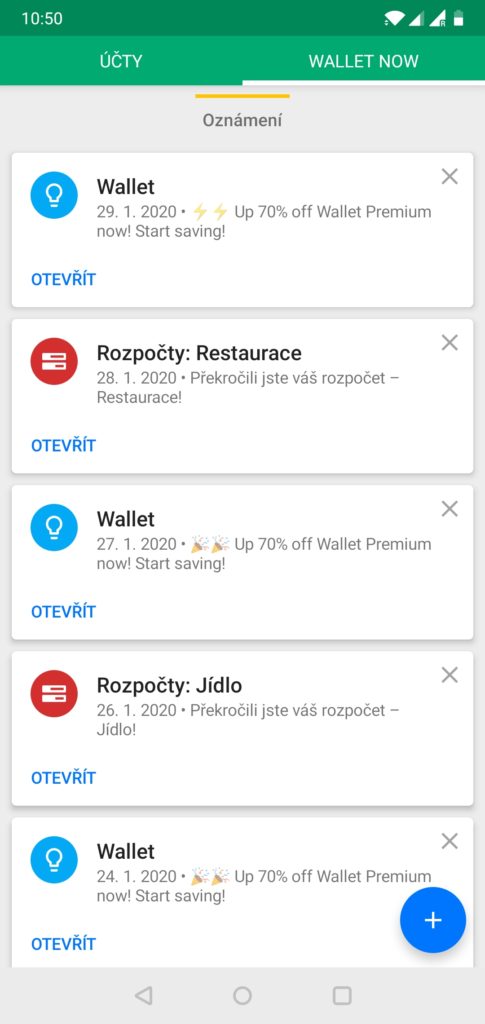 wallet oznámení