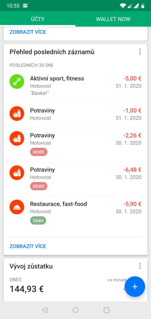 wallet záznamy telefon