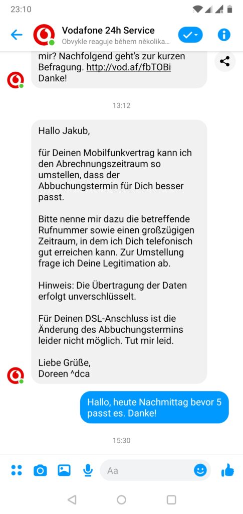 přeložení faktur vodafone
