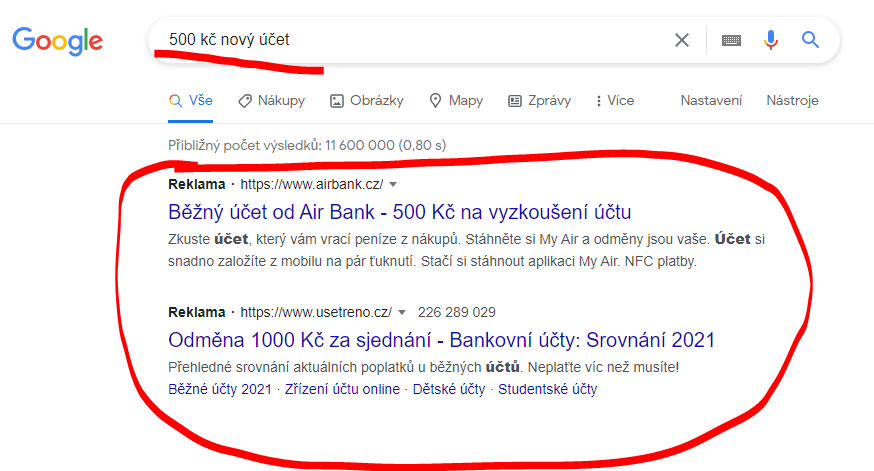 nový účet 500 Kč
