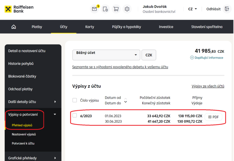 raiffeisen bank výpis z účtu
