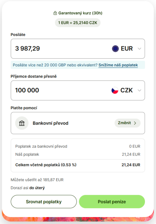směna peněz Transferwise EUR CZK