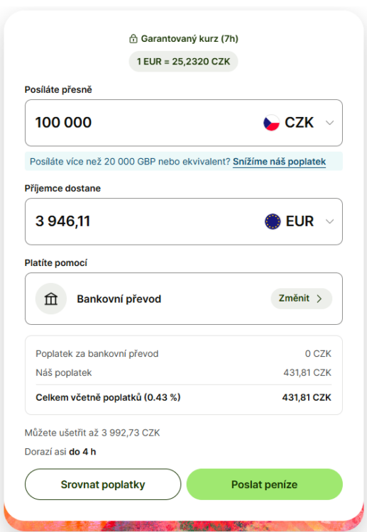 směna peněz Transferwise EUR CZK