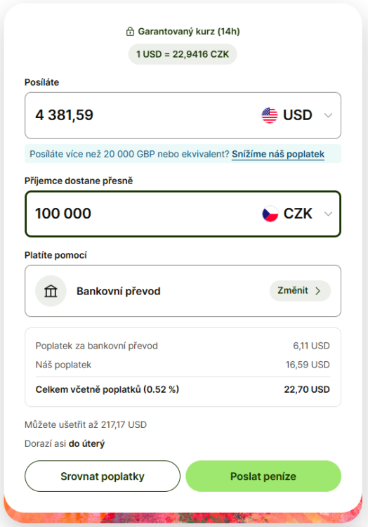 směna peněz Transferwise DOLAR CZK